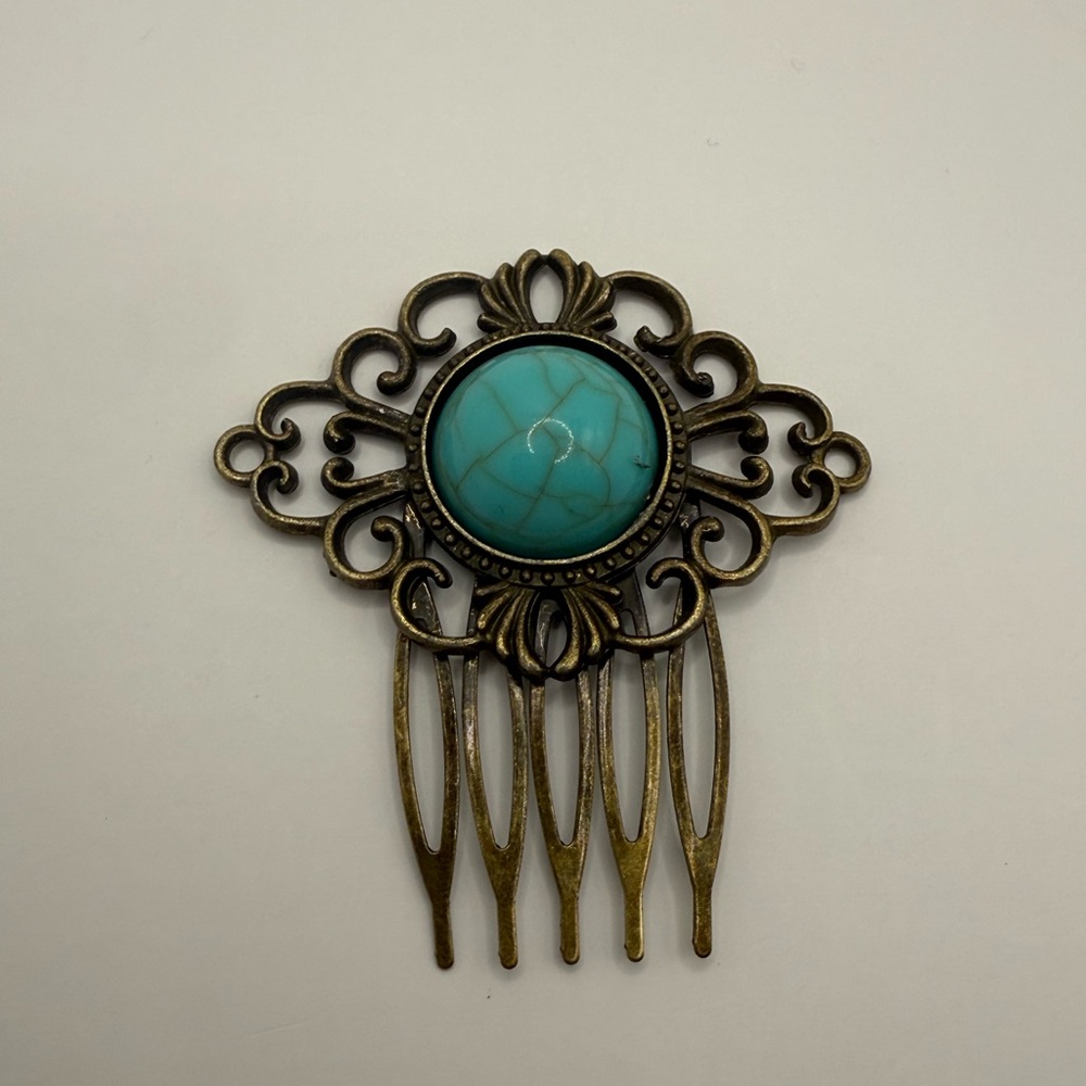 Vintage Style Hair Side Comb Turquoise Cabochon with Brass Toned Quality Updo